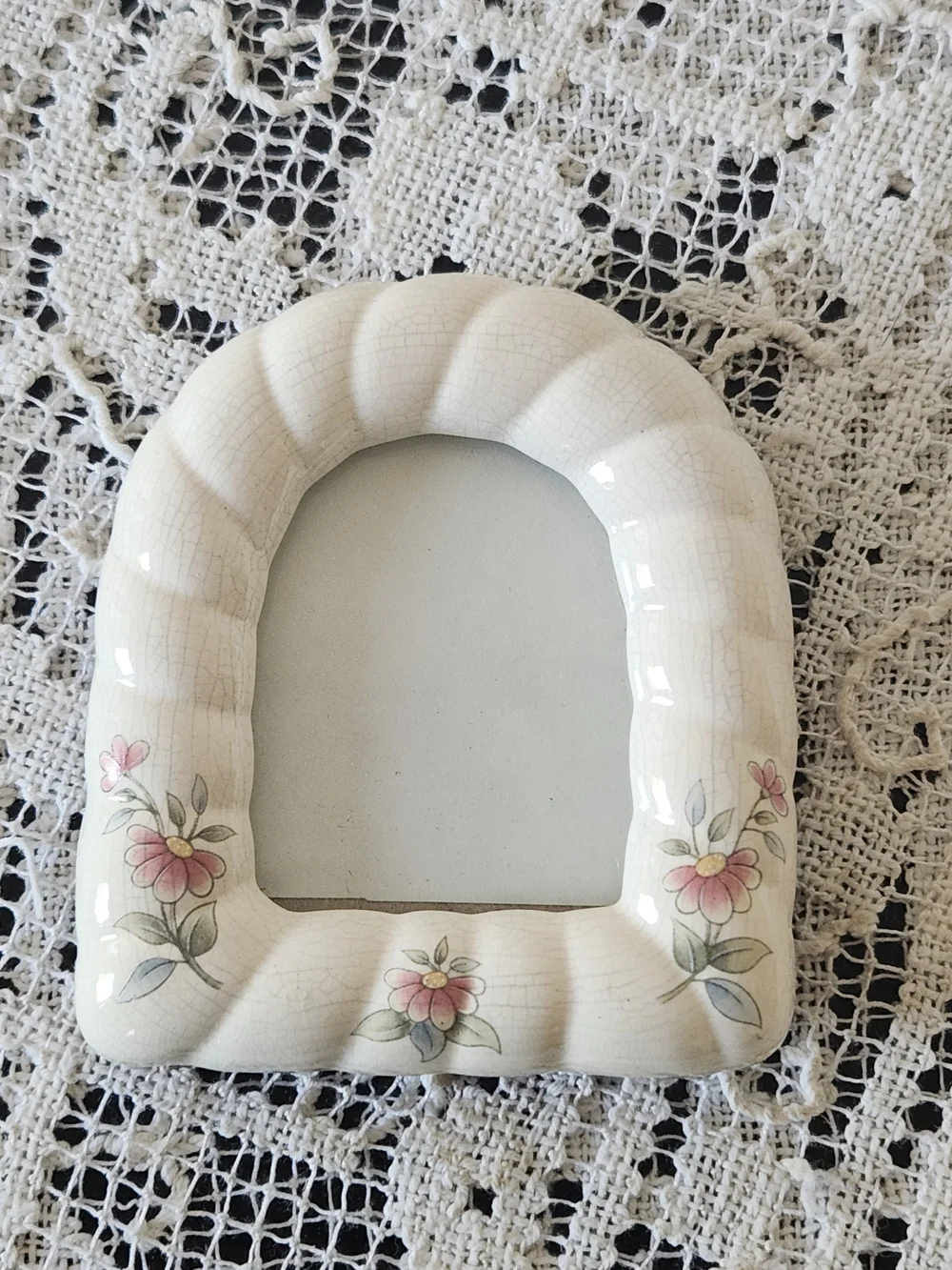Vintage Cottagecore Cream Ceramic Picture Frame with Pink Floral Accents